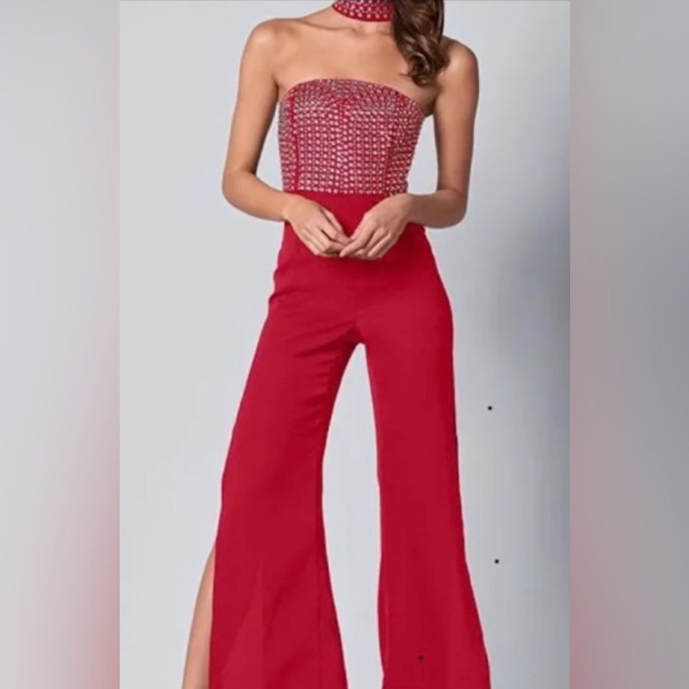 Venus Jumpsuit - Red with rhinestone bodice & neck.  Side slit pant legs.